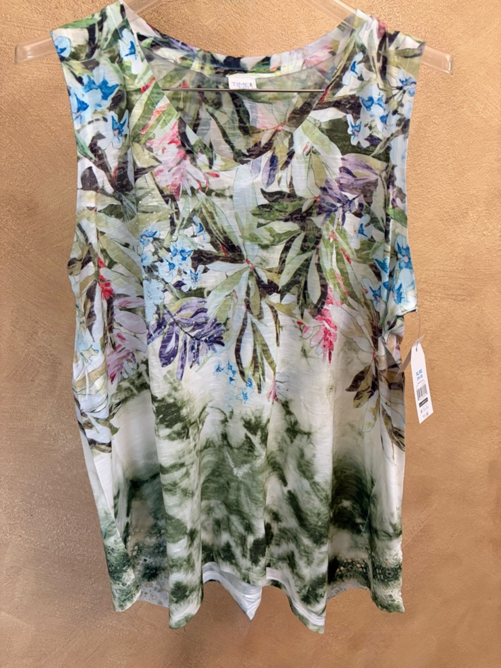 NWT Time & Tru Floral Tie-Dye Tank Top XL(16-18) Green/Multicolor Shark-bite Hem